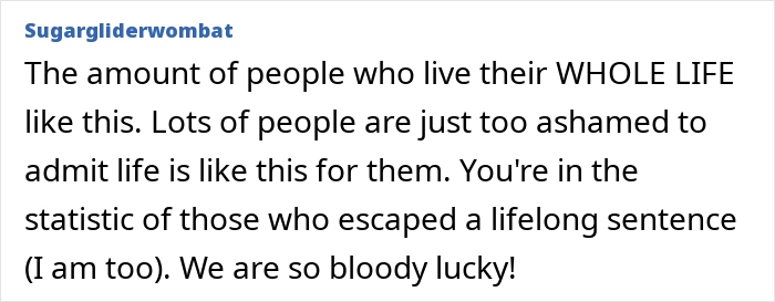 Text post by Sugargliderwombat about people living a whole life ashamed and escaping lifelong sentences, reflecting on luck. - 26