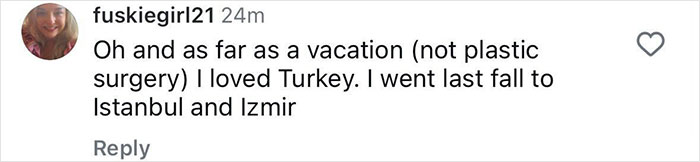 Social media comment from woman sharing vacation experience, related to mommy makeover and stunning transformation discussion.