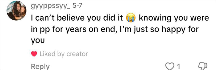 Comment on social media from a woman praising a mommy makeover transformation after years of personal struggle.