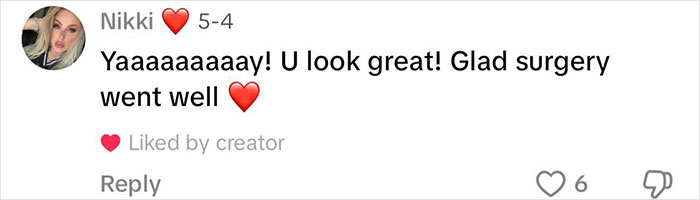 Comment praising a woman with three kids on her mommy makeover results, expressing happiness that the surgery went well.