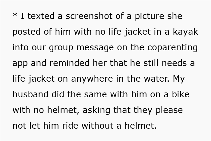 Text message discussing safety concerns between co-parents about a child not wearing a life jacket or helmet.