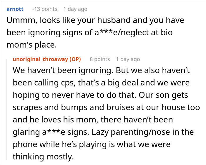 Reddit conversation showing co-parents discussing concerns of neglect before CPS involvement in a parenting dispute.