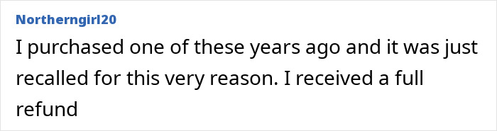 Comment text from a user discussing a recalled product related to a s’mores-making accident case involving injuries. Comment text from a user discussing a recalled product related to a s’mores-making accident case involving injuries.