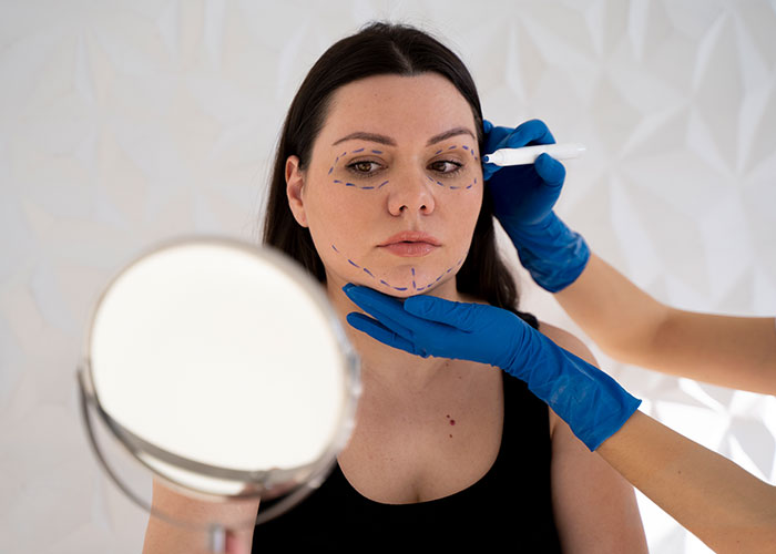 Woman with facelift markings on her face holding a mirror while a professional in blue gloves prepares for cosmetic surgery procedure. Woman with facelift markings on her face holding a mirror while a professional in blue gloves prepares for cosmetic surgery procedure.