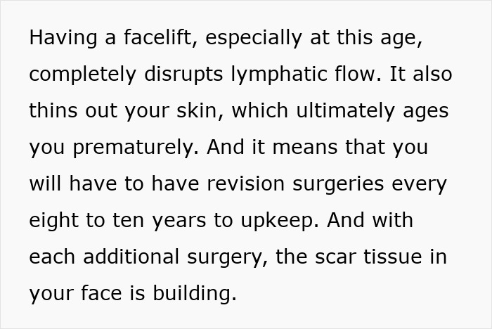 Text explaining the harm of facelifts at a young age, focusing on skin thinning and the need for revision surgeries. - 6