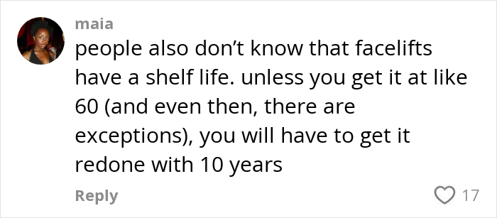 Alt text: Social media comment discussing the effects and concerns of getting facelifts at a young age, highlighting facelift harm. Alt text: Social media comment discussing the effects and concerns of getting facelifts at a young age, highlighting facelift harm.