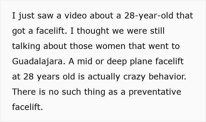 Text about people discussing women who get facelifts at 28, debating the harm and risks of such procedures. Text about people discussing women who get facelifts at 28, debating the harm and risks of such procedures.