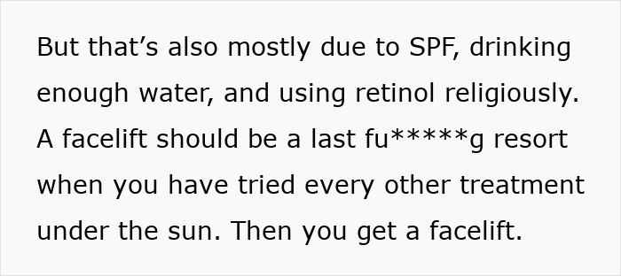 Text excerpt about facelifts, emphasizing facelifts as a last resort after other treatments for skin care. Text excerpt about facelifts, emphasizing facelifts as a last resort after other treatments for skin care.