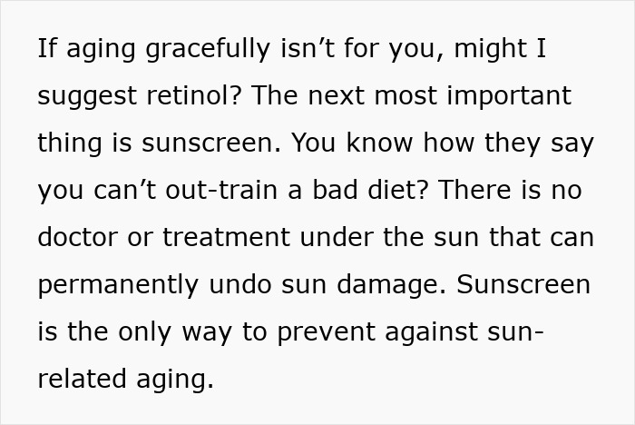 Text about skincare advice including retinol and sunscreen to prevent sun-related aging and skin damage. Text about skincare advice including retinol and sunscreen to prevent sun-related aging and skin damage.