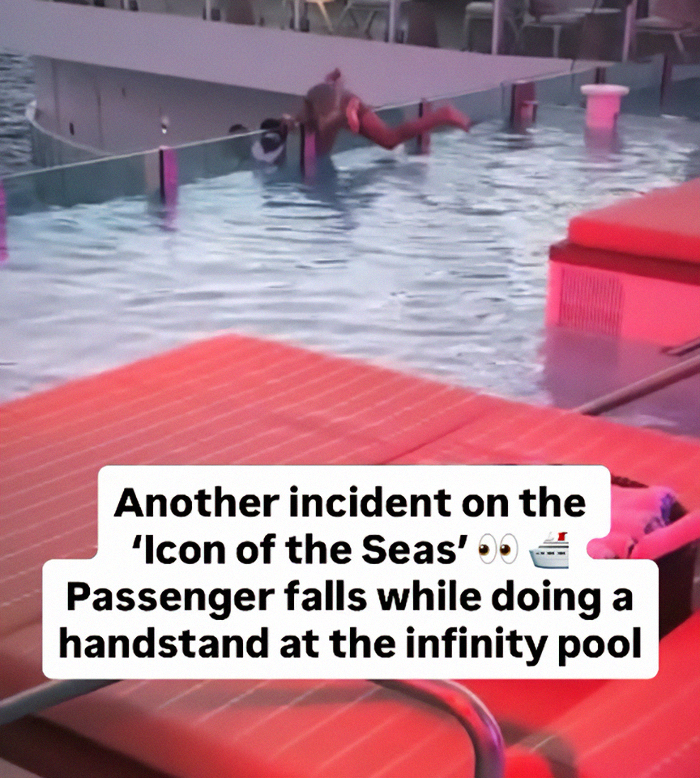 Passenger flips over infinity pool edge on cruise ship while attempting a handstand, creating a viral cruise incident moment. - 3