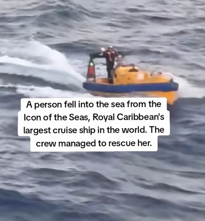 Small rescue boat speeding on ocean water after passenger flips over infinity pool edge on cruise ship. - 12