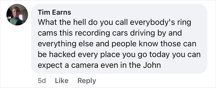 Commenter Tim Earns expressing concern about hacked cameras capturing footage everywhere, related to phone discovery trend. Commenter Tim Earns expressing concern about hacked cameras capturing footage everywhere, related to phone discovery trend.