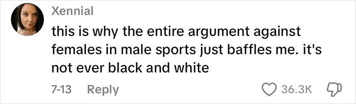Commenter Xennial sharing a perspective on gender and sports, expressing confusion over arguments against females in male sports.