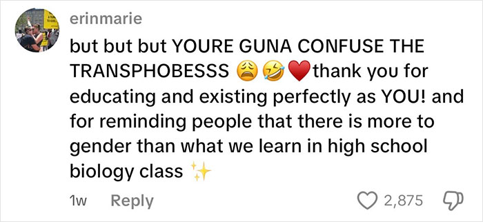 Comment on social media expressing gratitude for educating on gender beyond high school biology, highlighting intersex woman with XY chromosome.