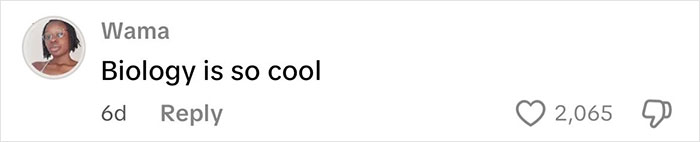 Comment by Wama saying Biology is so cool, with 2,065 likes, highlighting intersex woman with XY chromosome discussion.