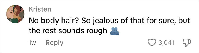 Comment on social media expressing jealousy about no body hair while acknowledging other difficulties of being an intersex woman with XY chromosome.