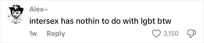 Comment from a user named Alex stating intersex has nothing to do with LGBT, discussing intersex woman with XY chromosome.