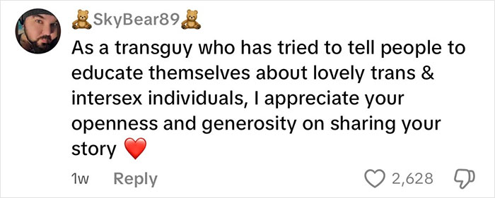 Comment from user SkyBear89 appreciating openness and generosity in sharing experiences of an intersex woman with XY chromosome differences.