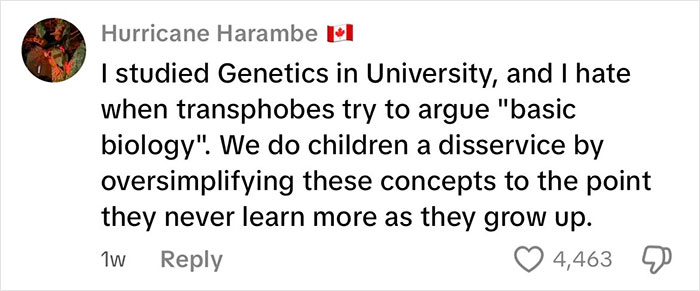 Comment on genetics discussing intersex woman with XY chromosome explaining how her body differs from others.
