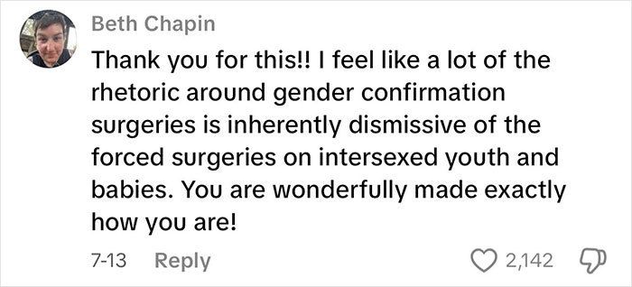 Comment by Beth Chapin supporting intersex experiences, highlighting rhetoric around gender confirmation surgeries and intersex youth.