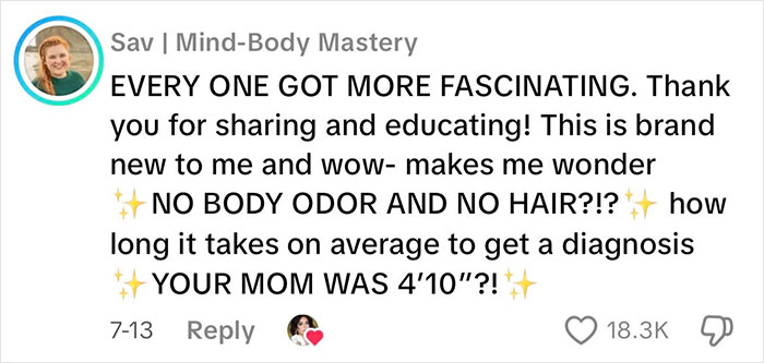Comment from Sav at Mind-Body Mastery expressing fascination with intersex woman with XY chromosome sharing body differences.