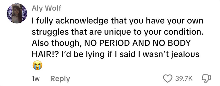 Comment from an intersex woman with XY chromosome discussing unique body differences like no period and no body hair.