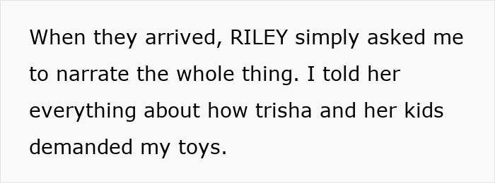 Text on a screen describing a woman explaining how her sister-in-law demanded the toys she collects to cope with childhood trauma. - 21