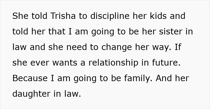 Text about sister in law conflict over disciplining kids and family relationships involving toys and childhood trauma. - 24