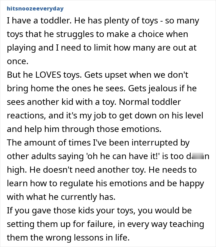Text post discussing a toddler’s love for toys and the challenge of managing emotions and toy sharing. - 37