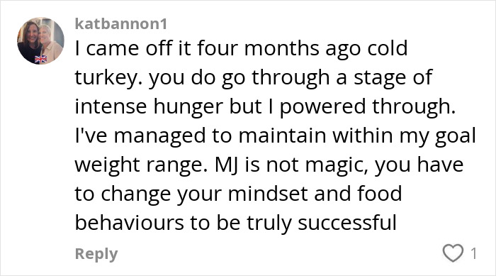Social media comment from woman sharing experience quitting Mounjaro cold turkey and managing hunger and weight goals. - 5