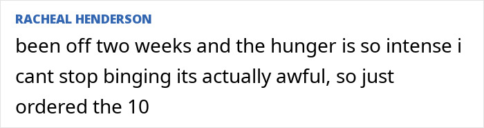 Text post from a woman describing intense hunger and bingeing after quitting Mounjaro cold turkey.