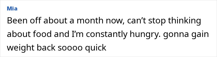 Social media post by woman describing intense hunger and rapid weight gain after quitting Mounjaro cold turkey.