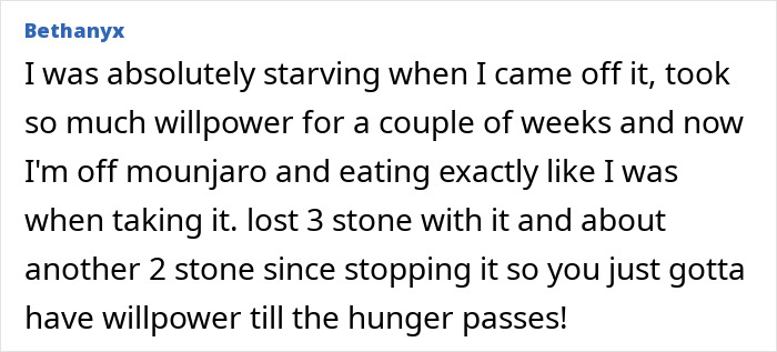 Screenshot of a woman's comment describing her experience quitting Mounjaro cold turkey and managing hunger successfully.