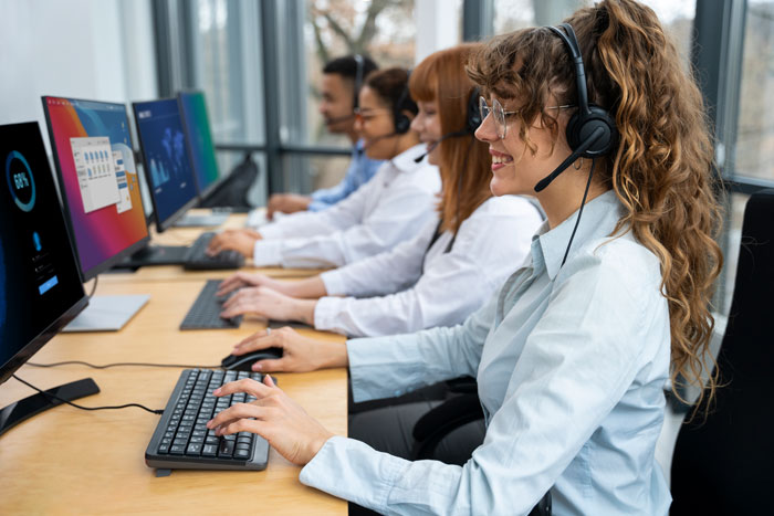Customer service team working with headsets in an office, highlighting new supervisor managing staff with red-faced frustration.