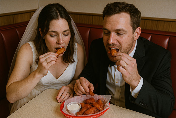 Bride and groom in wedding attire eating wings in a diner, illustrating servers sharing the worst dates witnessed at work