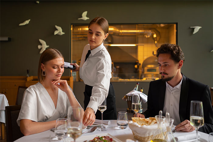 A waiter serving a couple during a date, illustrating servers sharing the worst dates they witnessed at work.