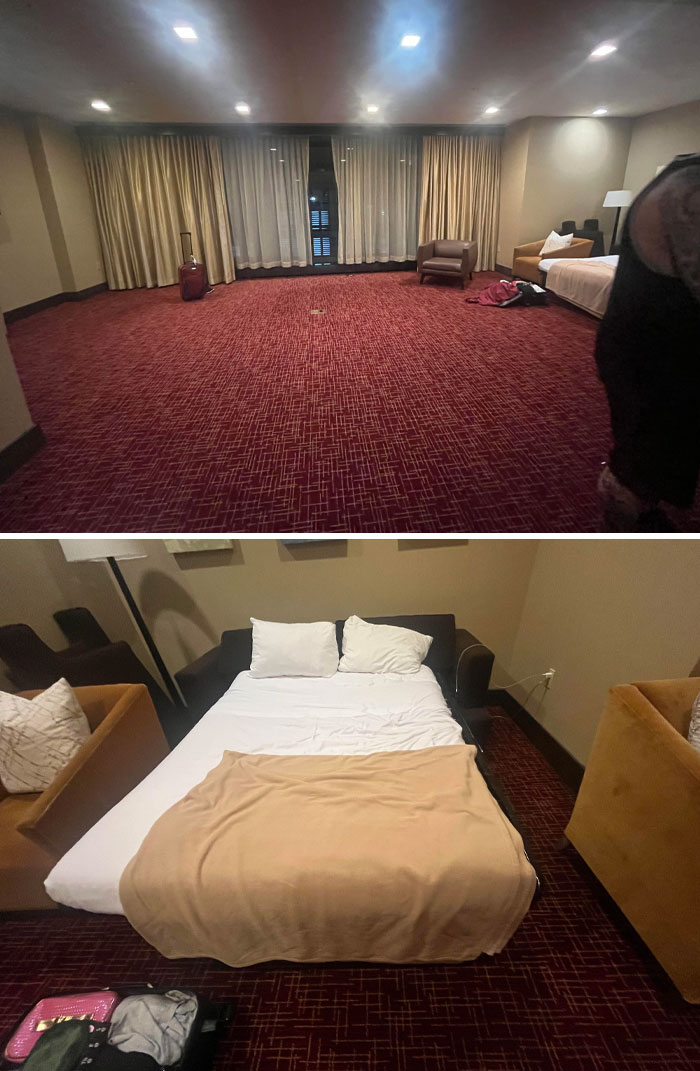 Hotel room with large empty space and a poorly arranged sofa bed, showcasing hotel mess up moments shared online.