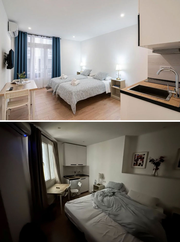 Comparison of hotel rooms showing a tidy, bright space versus a messy, dark hotel room fail example.