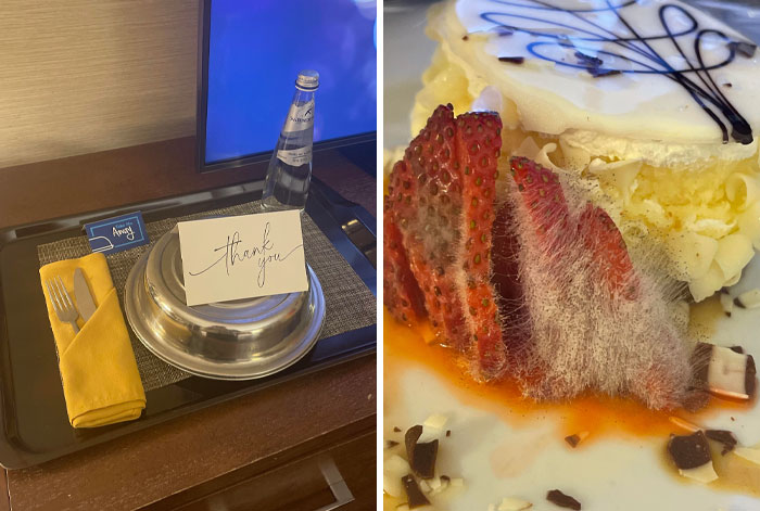 Room service tray with a covered dish and water bottle contrasted with moldy strawberries on a dessert in a hotel fail.