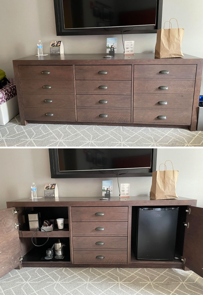 Hotel furniture with misleading drawers that open as cabinet doors, showcasing a notable hotel mess-up shared online.