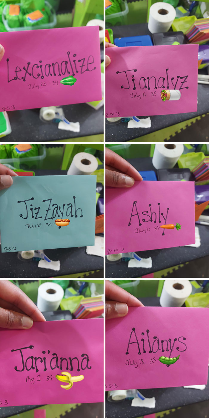 Six colorful envelopes showing unique baby names written in decorative fonts, highlighting unusual baby names loved by parents.
