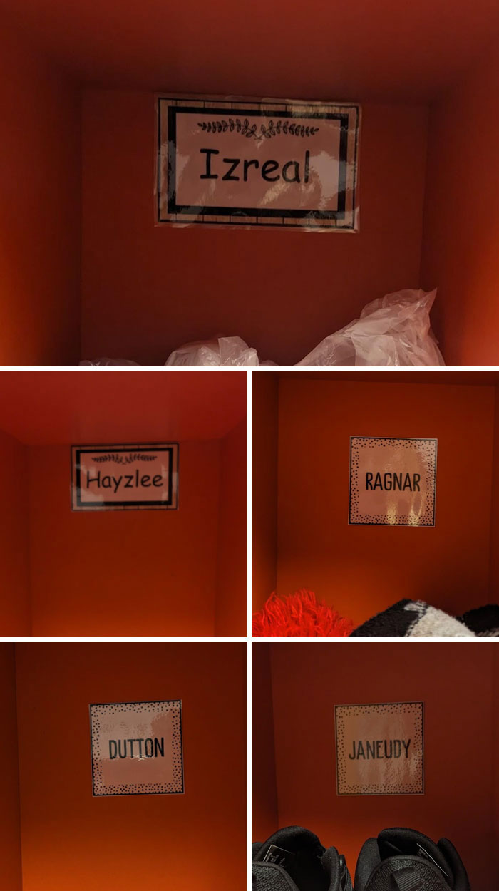Unique baby name labels Izreal, Hayzlee, Ragnar, Dutton, and Janeudy displayed in orange cubbies for creative baby names SEO.