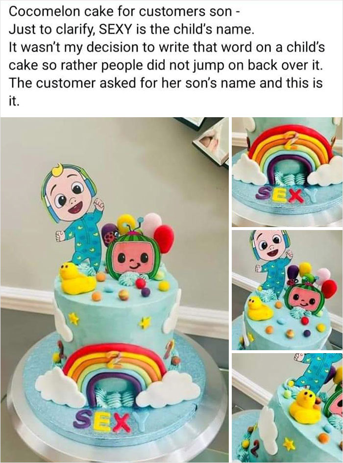 Cocomelon cake featuring a rainbow and the baby name S**Y, showcasing unique baby names parents loved but others judged.