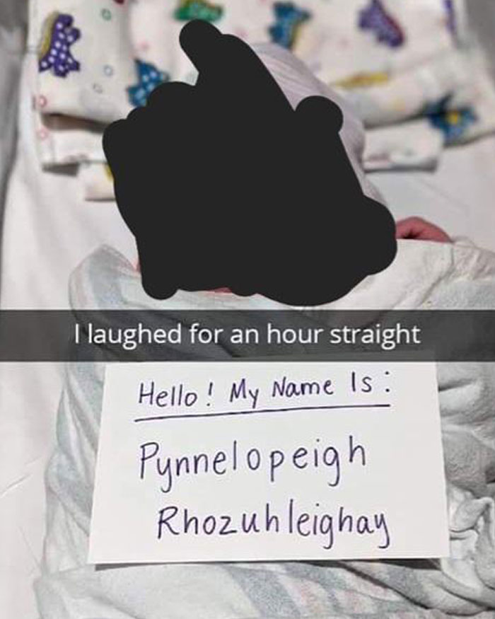 Newborn baby with humorous name sign, related to unusual and judged baby names loved by parents.