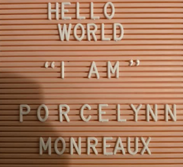 Letter board with text saying hello world I am Porcelynn Monreaux, showing unique baby names and baby names parents loved but others judged.