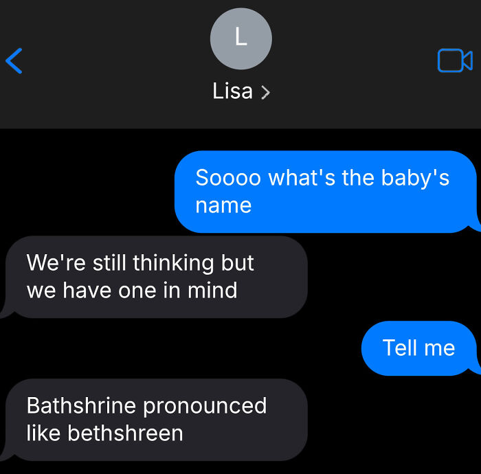 Text message exchange discussing a unique baby name Bathshrine, pronounced like bethshreen, related to judged baby names.