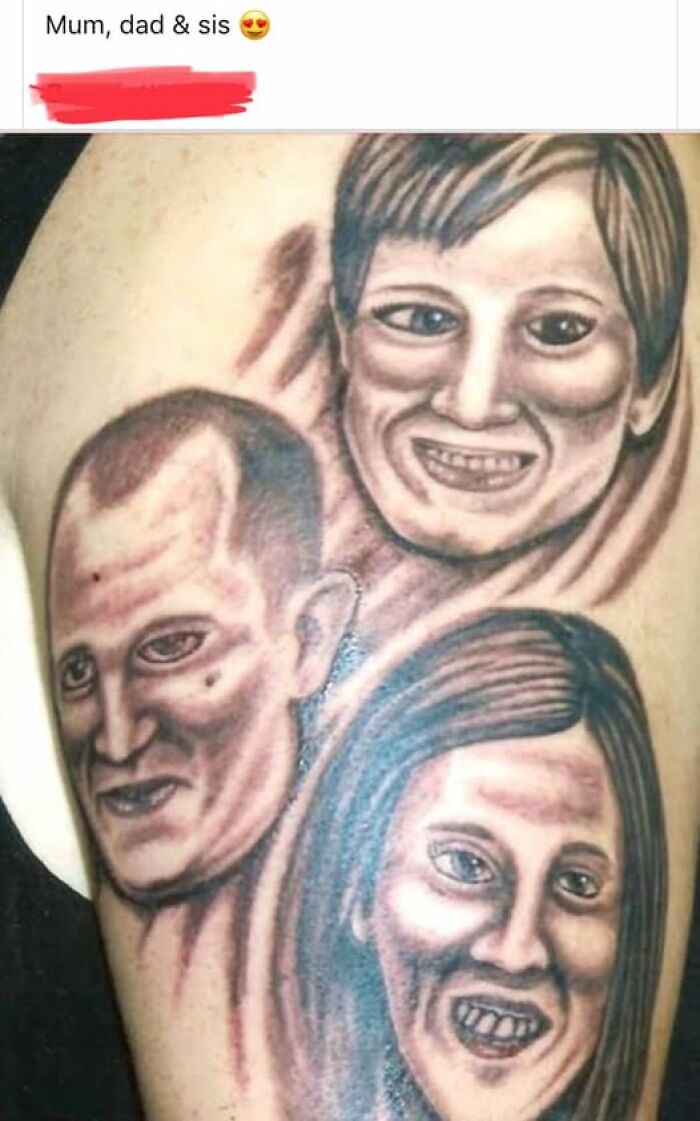 Poorly executed portrait tattoo of three people showing abysmally bad tattoos on skin.