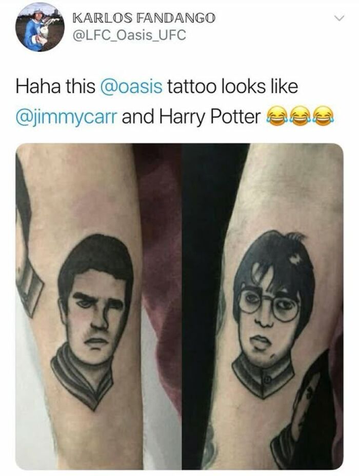 Tattoo portraits on forearms showing poorly done faces, featured on bad tattoos Facebook pages.