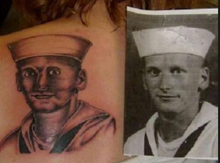 Tattoo of a sailor next to an original photo, showing a poorly done bad tattoo with distorted facial features.