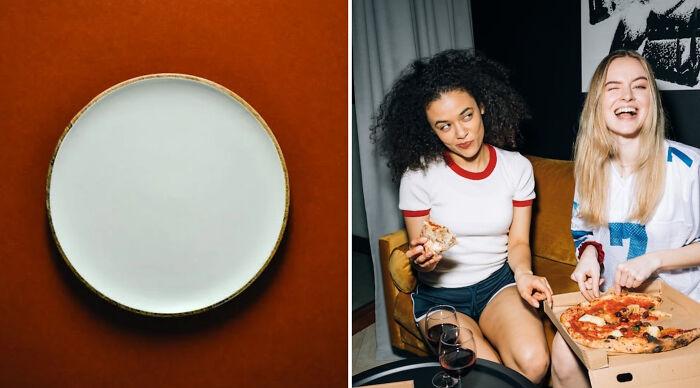 Two young women enjoying pizza and wine at home, smiling and engaging in a lively would you rather poll conversation.